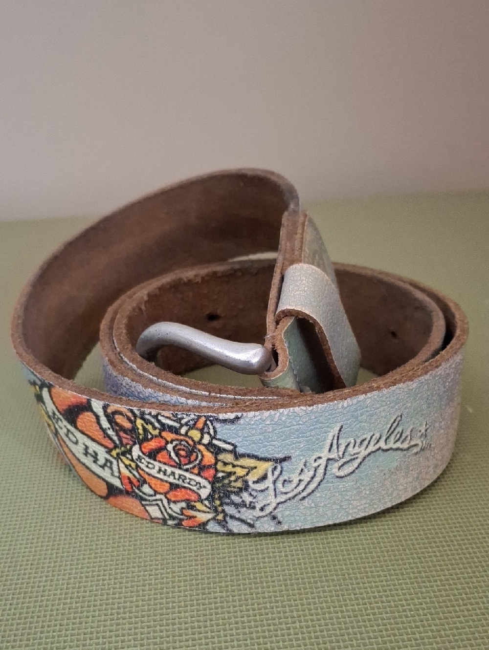 Ed Hardy Los Angeles Floral Tattoo Leather Belt - Pastel Blue_1